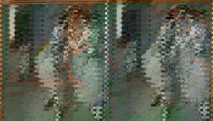 Image of Degas painting entitled A Group of Dancers, which shows some ballerinas chatting to each other.