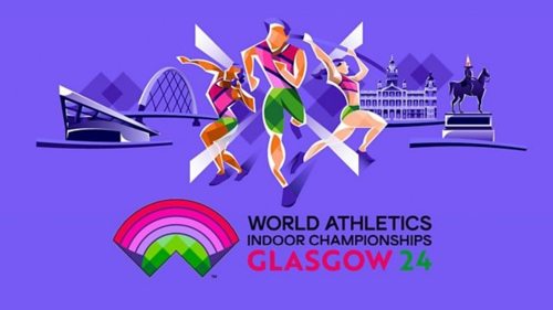 World Athletics Indoor Championships logo with graphics of track and field athletes and Glasgow building landmarks